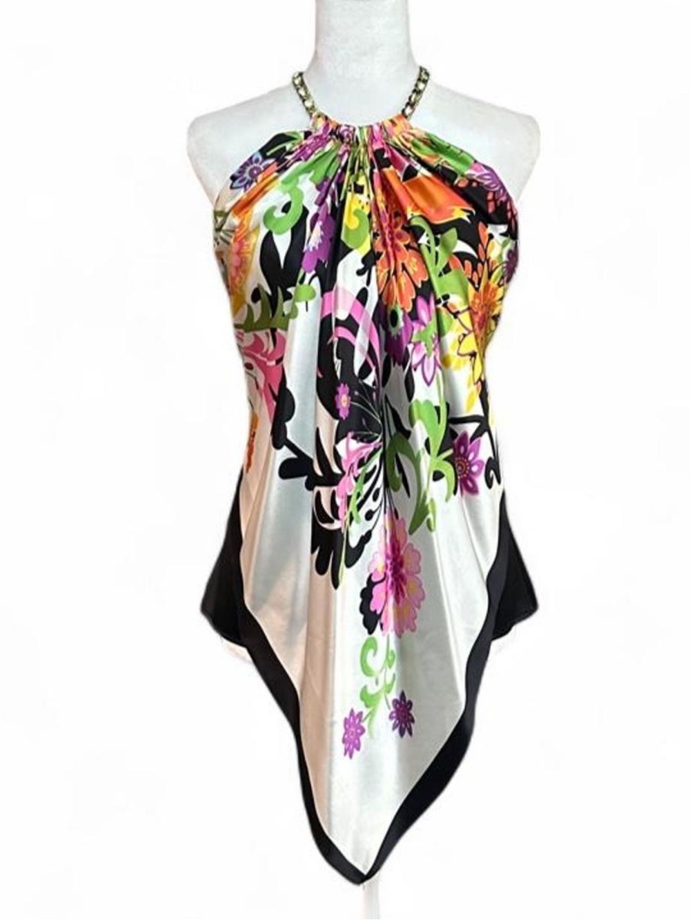 Cache Multicolor Floral Silk Halter Handkerchief Top